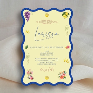 Mediterranean Lemon Italian Bridal Shower Invitation, Modern Bridal Shower Invite, Printed Bridal Shower, wave cut invite, lemon invite