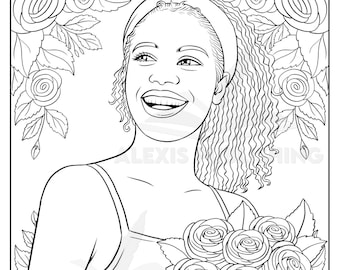 Dibujo para colorear de una mujer negra con un retrato floral (descarga instantánea)