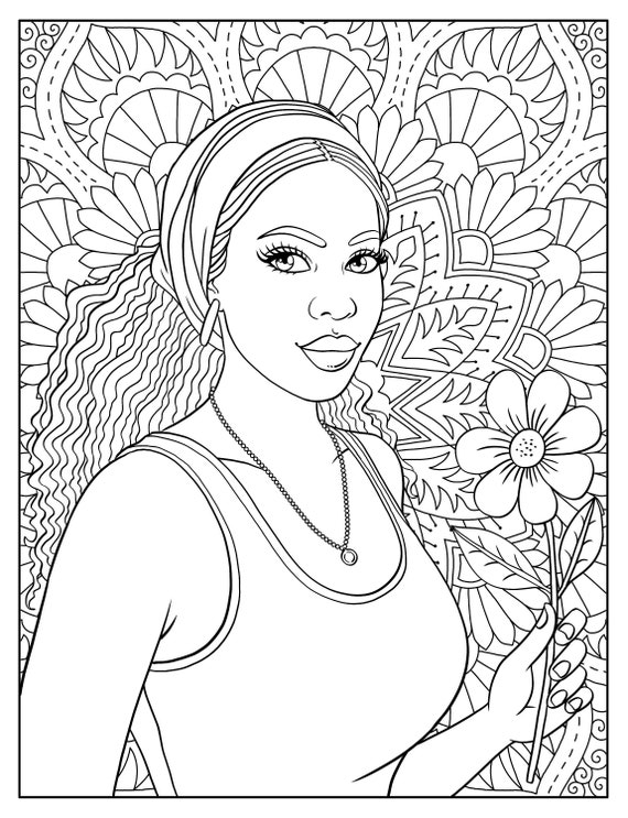 Printable Adult Coloring Page Beautiful Black Woman Grayscale Portrait  Download Illustration Printable JPG File 