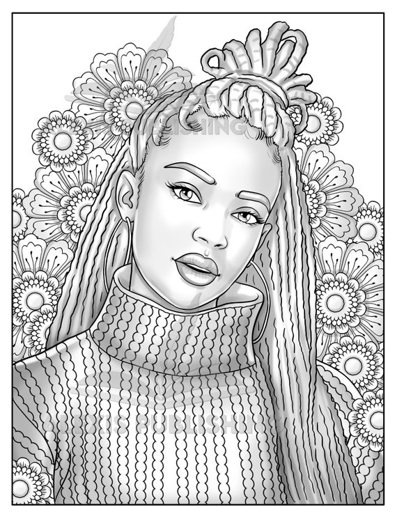 Printable Adult Coloring Page Beautiful Black Woman Grayscale Portrait  Download Illustration Printable JPG File 