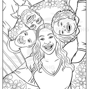 May include: A black and white line drawing of four people smiling and laughing. The people are positioned in a circle with their heads close together. The background is a floral pattern.
