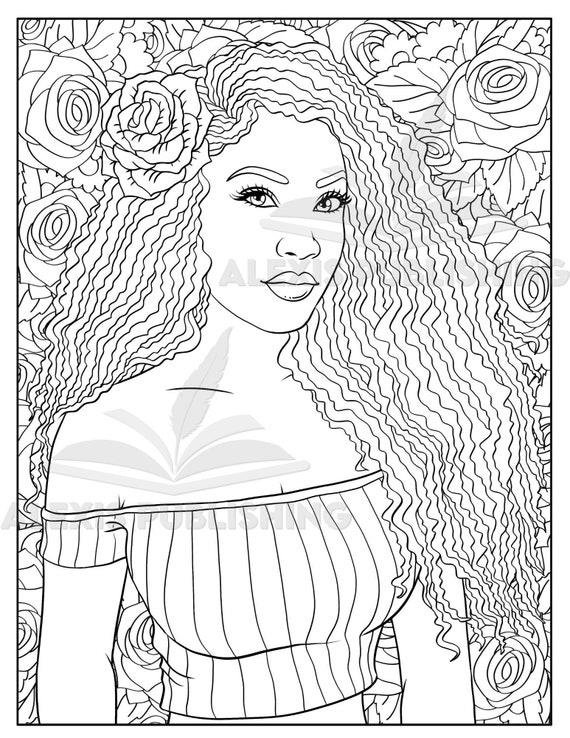 Dibujo para colorear para adultos imprimible / Hermoso retrato de mujer  negra / Descargar ilustración / Archivo JPG imprimible