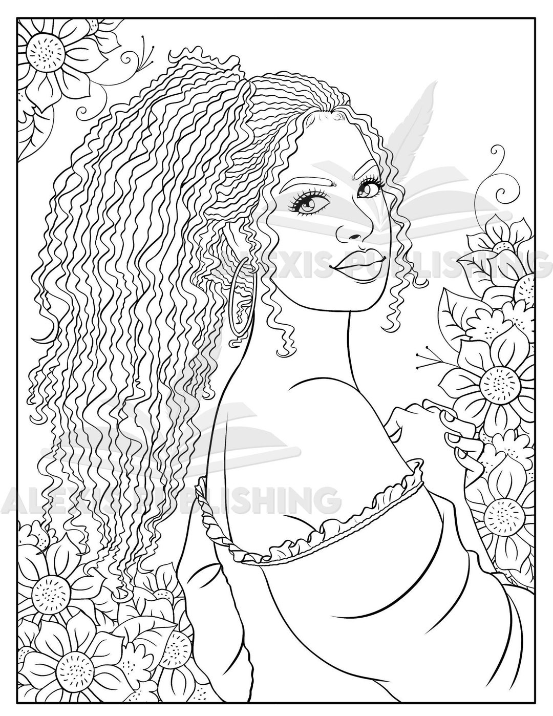 Black Women Adult Coloring Page Melanin Girl Illustration for Stress ...