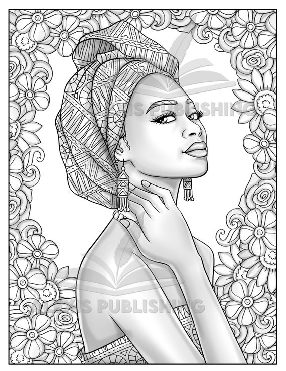 Coloriage pour adultes imprimable | Belle femme noire en niveaux de gris |  Télécharger l’illustration | Fichier JPG imprimable