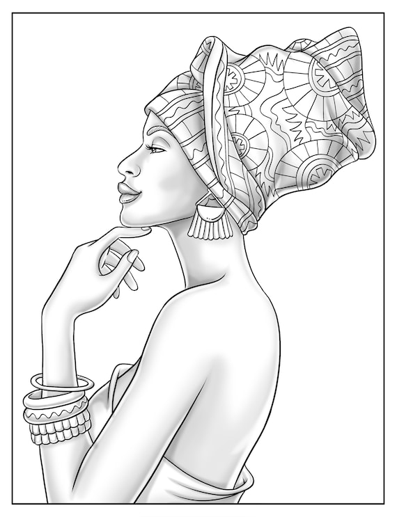 Printable Adult Coloring Page Beautiful Black Woman Grayscale Portrait  Download Illustration Printable JPG File 