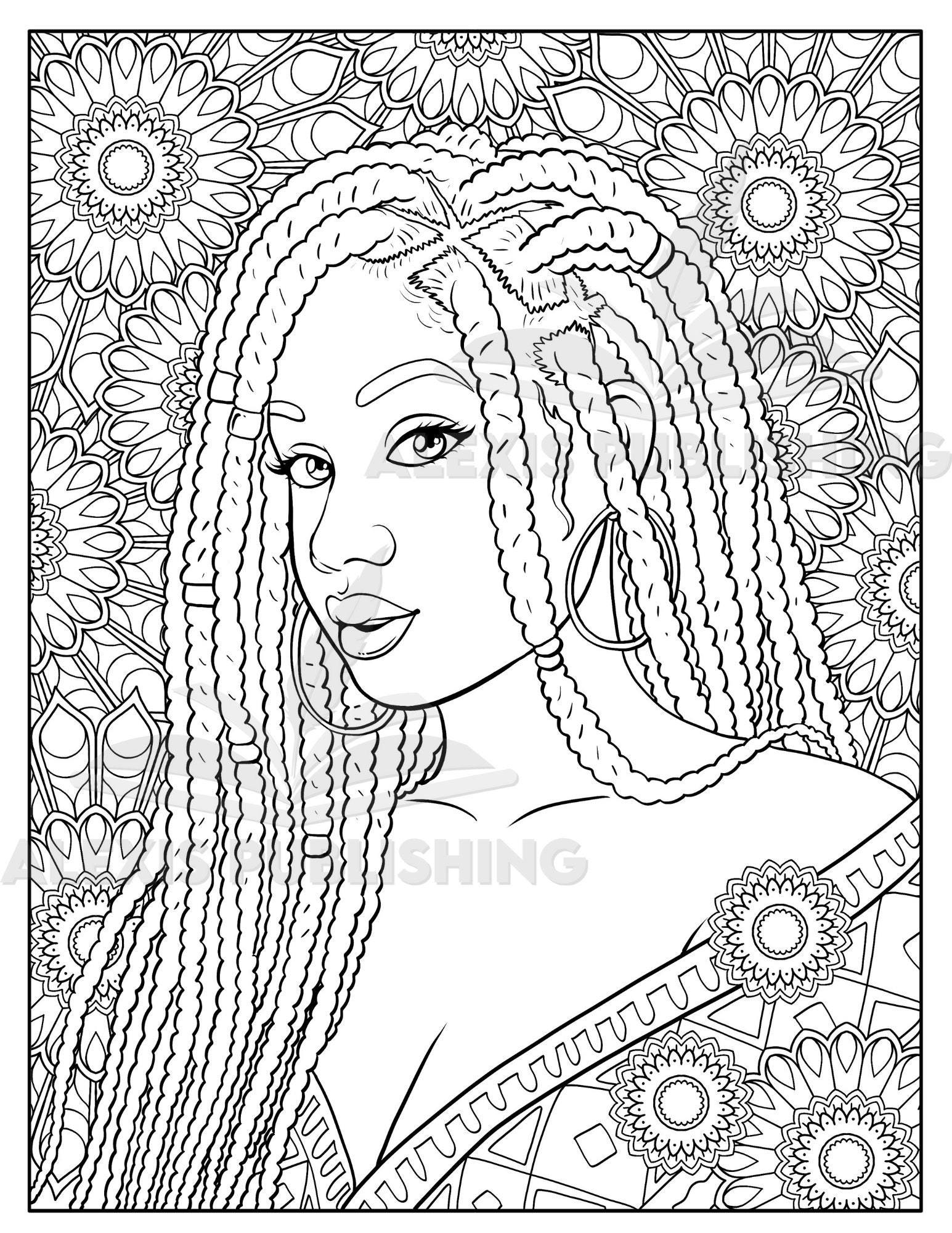 Printable Adult Coloring Page Beautiful Black Woman Grayscale