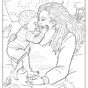 May include: A black and white line drawing of a woman holding a baby. The woman has long hair and is smiling. The baby is looking at the woman and has a pacifier in its mouth.