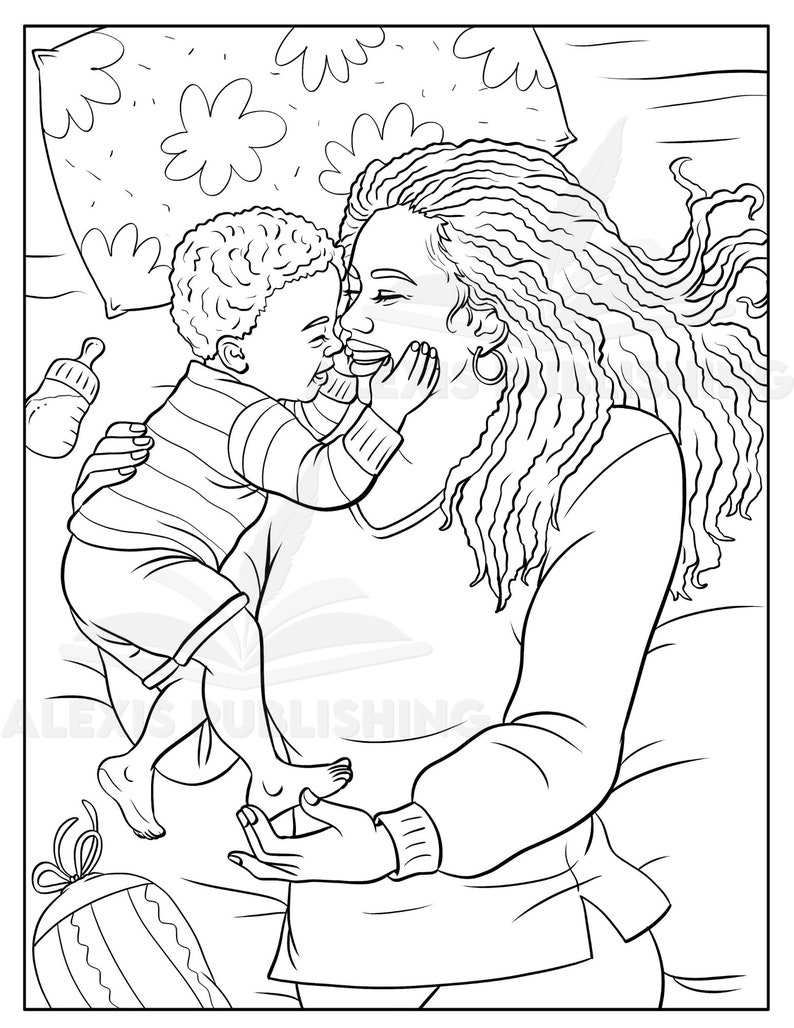 May include: A black and white line drawing of a woman holding a baby. The woman has long hair and is smiling. The baby is looking at the woman and has a pacifier in its mouth.
