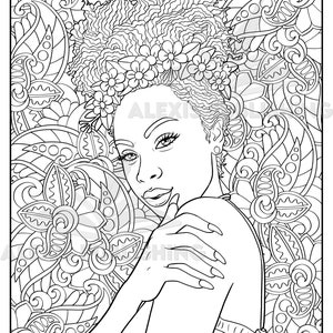 Printable Adult Coloring Page | Beautiful Black Woman Portrait | Download Illustration | Printable JPG File