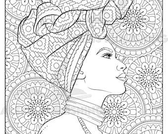 Retrato de mujer negra para colorear / Mandala relajante (JPG imprimible)