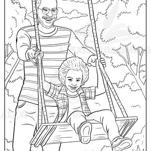 May include: A black and white line drawing of a father and son on a swing set. The father is pushing the swing with his right hand and the son is smiling and holding onto the ropes with both hands. The swing set is in a park with trees and clouds in the background.