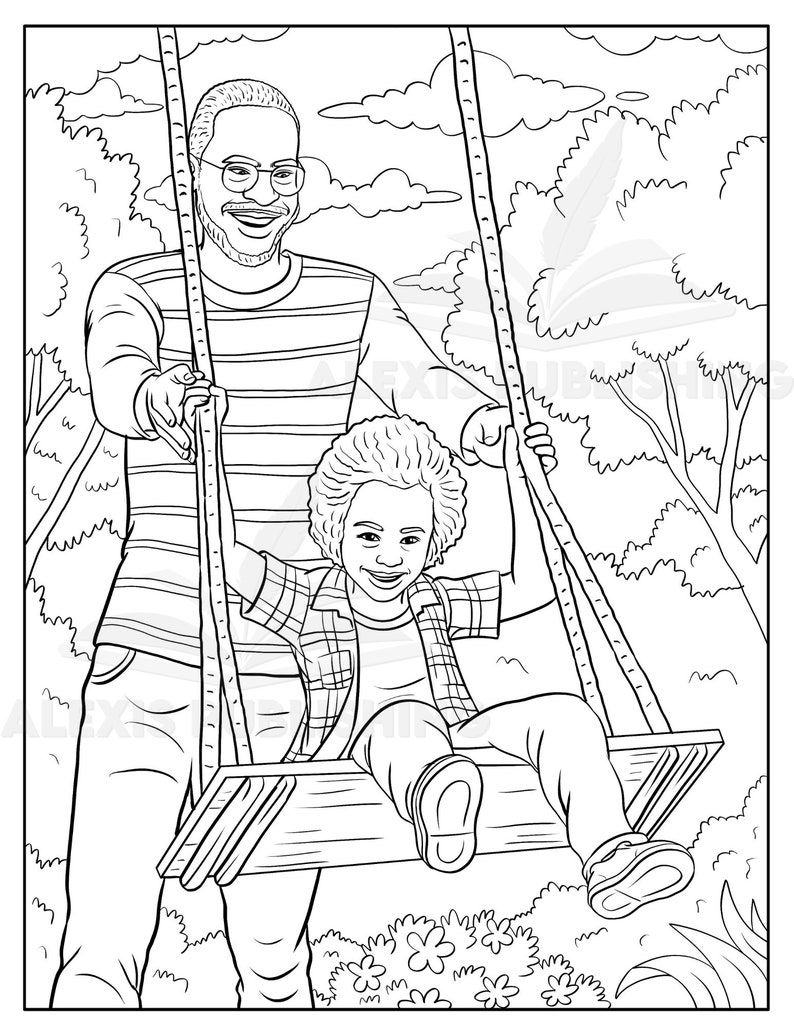 May include: A black and white line drawing of a father and son on a swing set. The father is pushing the swing with his right hand and the son is smiling and holding onto the ropes with both hands. The swing set is in a park with trees and clouds in the background.