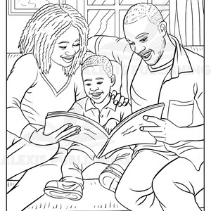 May include: A black and white illustration of a family of three reading a book together. The parents are sitting on a couch with their child in between them. The child is holding the book and looking at the pages. The parents are smiling and looking at the book.