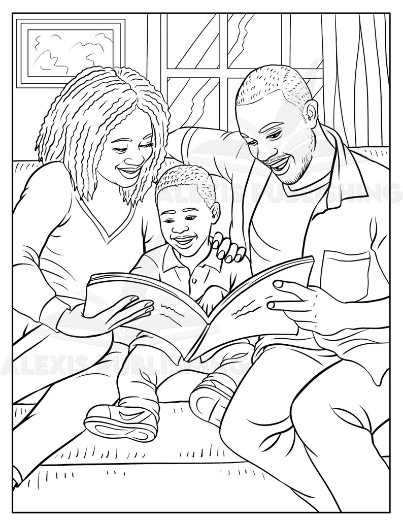 May include: A black and white illustration of a family of three reading a book together. The parents are sitting on a couch with their child in between them. The child is holding the book and looking at the pages. The parents are smiling and looking at the book.