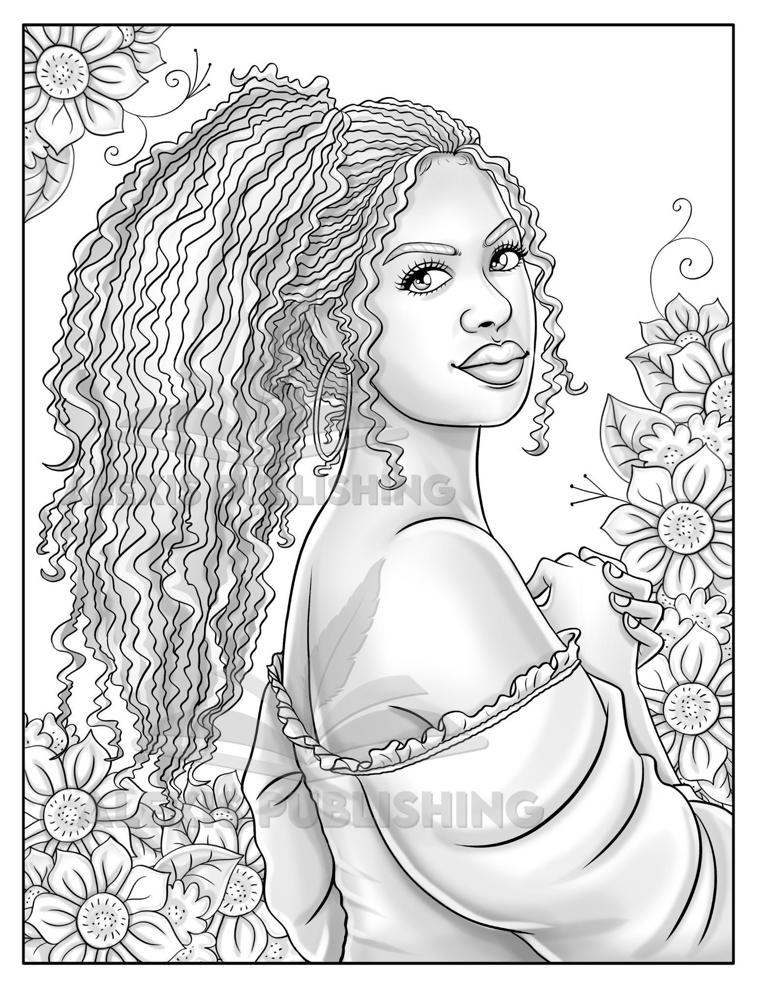 Printable Adult Coloring Page Beautiful Black Woman Grayscale