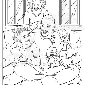 May include: A black and white line drawing of a family of four sitting on a couch. The family is made up of two adults and two children. The adults are sitting next to each other, and the children are sitting in front of them. The family is smiling and looking at each other.