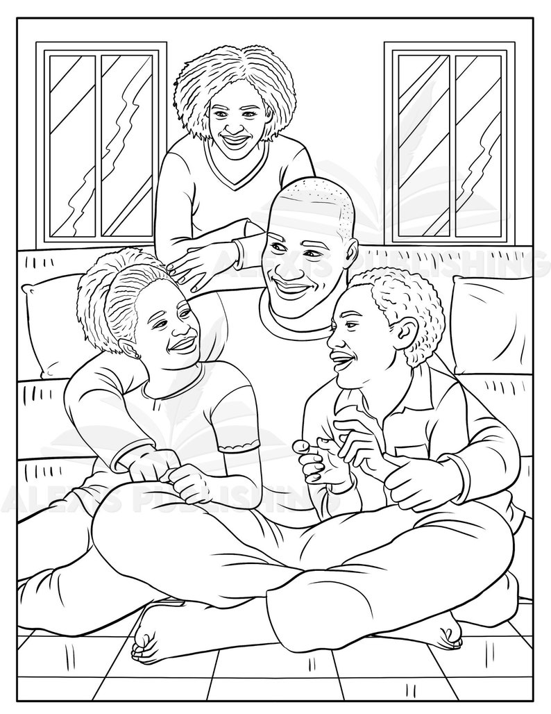 May include: A black and white line drawing of a family of four sitting on a couch. The family is made up of two adults and two children. The adults are sitting next to each other, and the children are sitting in front of them. The family is smiling and looking at each other.