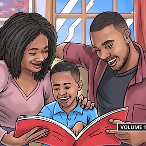 May include: A family of three, a mother, father, and son, are sitting on a couch reading a red book together. The book has the words "VOLUME 1" printed on the cover.