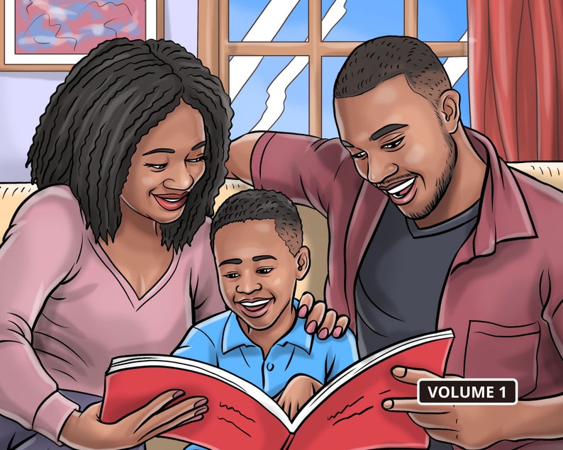 May include: A family of three, a mother, father, and son, are sitting on a couch reading a red book together. The book has the words "VOLUME 1" printed on the cover.