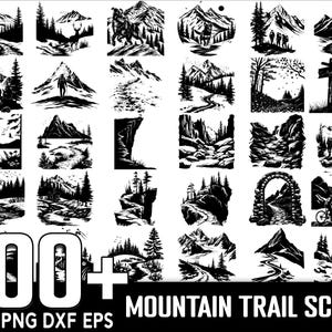 Pacote com mais de 100 imagens SVG de trilhas de montanha, download digital instantâneo, arquivos de corte PNG e SVG.