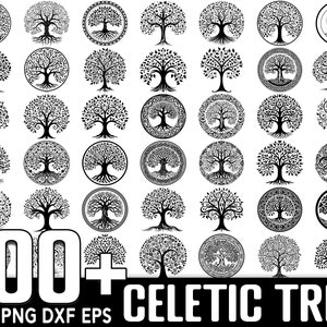 Könnte beinhalten: Ein Set mit über 100 schwarzen und weißen keltischen Baumdesigns. Die Designs sind in verschiedenen Stilen, darunter kreisförmig, quadratisch und rechteckig. Die Designs sind perfekt für die Verwendung in Kunsthandwerk, Scrapbooking und anderen kreativen Projekten. SVG PNG DXF EPS