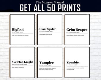 Monster Manual Prints: 50 Funny Halloween Creature Dictionary (Digital Download)