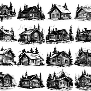 May include: A collection of 12 black and white illustrations of log cabins in a forest setting. Each cabin has a unique design and is surrounded by trees.