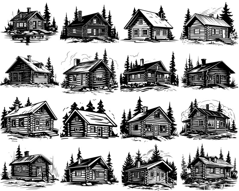 May include: A collection of 12 black and white illustrations of log cabins in a forest setting. Each cabin has a unique design and is surrounded by trees.