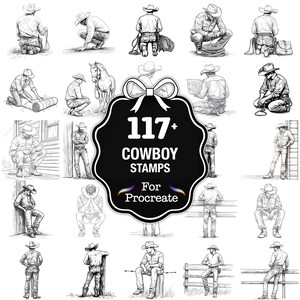 Puede incluir: Un conjunto de 117+ sellos de vaqueros para Procreate. Las ilustraciones en blanco y negro muestran vaqueros en diversas poses, arrodillados, sentados y trabajando con cuerdas. Imágenes detalladas para proyectos de arte digital.