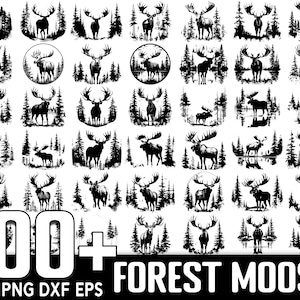 May include: A collection of 100+ black and white silhouette images of moose in a forest setting. The images are perfect for crafting, scrapbooking, and other creative projects.  SVG PNG DXF EPS