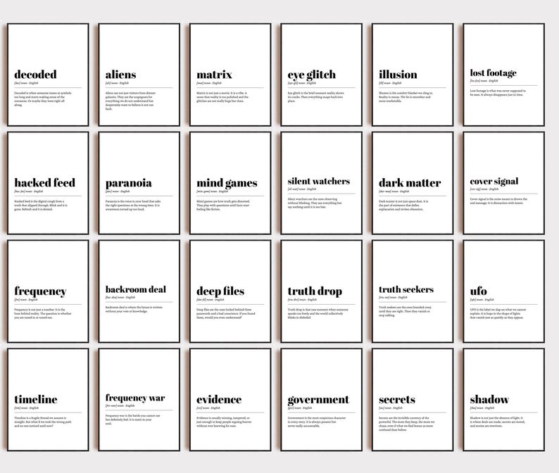 May include: A collection of 24 framed art prints with black frames and white backgrounds. Each print features a word in a bold, sans-serif font, such as "decoded" or "aliens", with a brief definition below. The overall theme is related to mystery and intrigue.