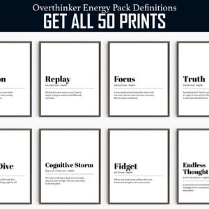 Könnte beinhalten: Acht gerahmte Drucke mit schwarzen Rahmen und weißen Hintergründen. Jeder Druck zeigt ein Wort in fetter schwarzer Schrift, wie "Tension" oder "Focus", und seine Definition. Der Text "GET ALL 50 PRINTS" steht oben.