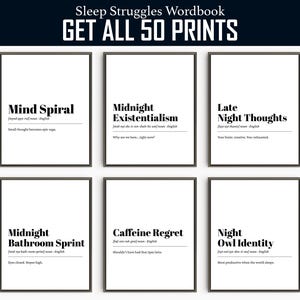 Puede incluir: Seis impresiones de arte de pared imprimibles en blanco y negro con definiciones humorísticas de las dificultades para dormir. Las impresiones presentan las palabras "Mind Spiral", "Midnight Existentialism", "Late Night Thoughts", "Midnight Bathroom Sprint", "Caffeine Regret" y "Night Owl Identity".
