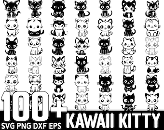 Más de 100 SVG de gatitos kawaii, descarga digital instantánea, archivos PNG y SVG de corte