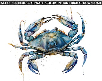 Blå krabba akvarell clipart: Set med 10 PNG-bilder (digital nedladdning)