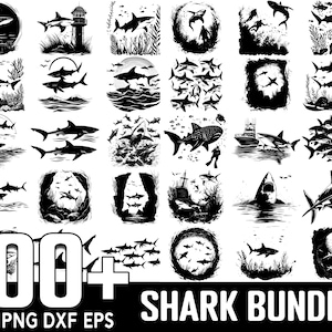 May include: A set of 100+ black and white shark silhouette SVG cut files. The images feature sharks in various poses, including swimming, jumping, and resting. The designs are perfect for creating custom crafts, apparel, and home decor.
