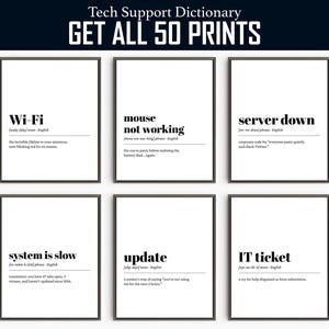 Tech Support Wörterbuch | 50 lustige Drucke | IT Humor Wandkunst | Hilfe Schreibtisch Dekor | Computer Geek Poster