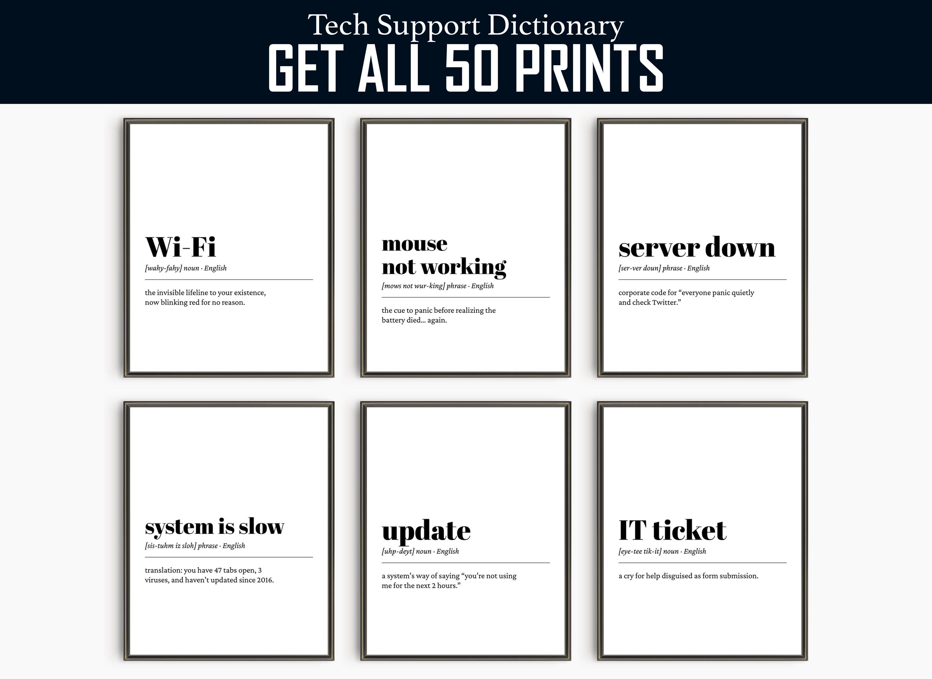 Tech Support Dictionary Prints: IT Humor Wall Art (50 Prints) (Digital Download)