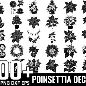 Könnte beinhalten: Eine Sammlung von über 100 Schwarz-Weiß-Silhouettenbildern von Weihnachtssternen in verschiedenen Anordnungen. Die Bilder zeigen Weihnachtssterne in Töpfen, Kränzen, Girlanden und anderen dekorativen Designs.  SVG PNG DXF EPS.
