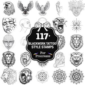 May include: A collection of blackwork tattoo style stamps for Procreate. The image features various designs, including eagles, faces, lions, and mandalas. The central element is a black label with the text "117+ BLACKWORK TATTOO STYLE STAMPS For Procreate."