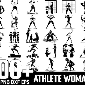 Paquete de más de 100 imágenes SVG de mujeres deportistas, descarga digital instantánea, archivos PNG y SVG para cortar