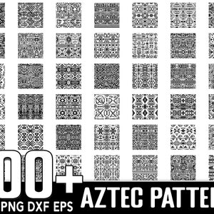 Puede incluir: Un conjunto de más de 100 diseños de patrones aztecas en blanco y negro. Los patrones son geométricos y presentan una variedad de formas y líneas. El texto "100+ AZTEC PATTERN" está en la parte inferior de la imagen. El texto "SVG PNG DXF EPS" está debajo del texto "100+ AZTEC PATTERN".