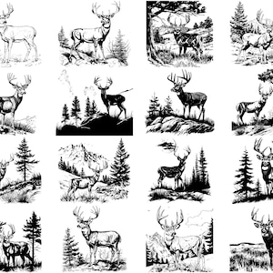 Puede incluir: Una colecci&oacute;n de 12 ilustraciones en blanco y negro de ciervos en varias poses, sobre un fondo de &aacute;rboles y monta&ntilde;as. Los ciervos est&aacute;n representados en un estilo realista, con detalles como cuernos, pezu&ntilde;as y pelaje.