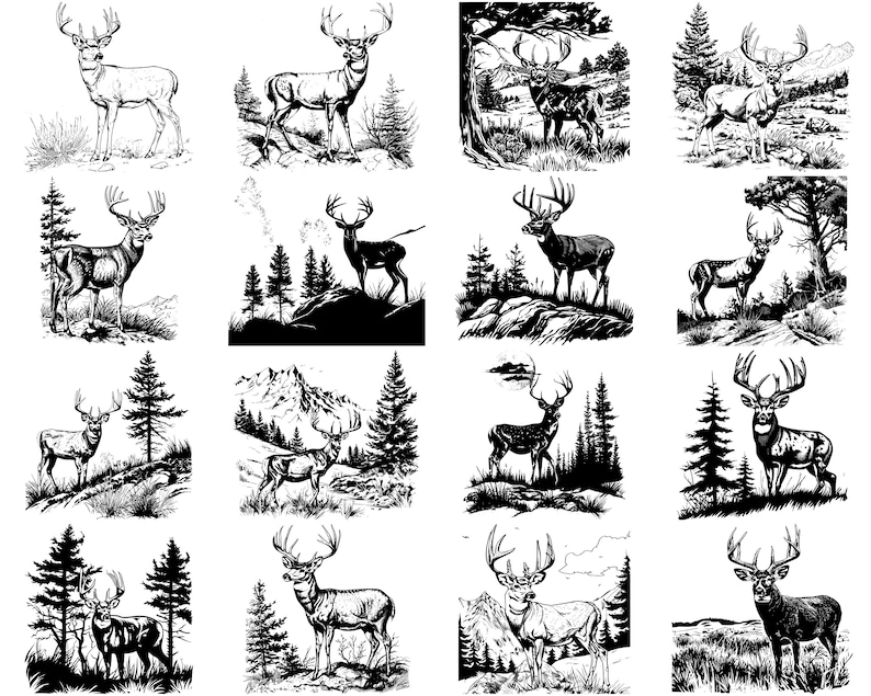 Puede incluir: Una colecci&oacute;n de 12 ilustraciones en blanco y negro de ciervos en varias poses, sobre un fondo de &aacute;rboles y monta&ntilde;as. Los ciervos est&aacute;n representados en un estilo realista, con detalles como cuernos, pezu&ntilde;as y pelaje.
