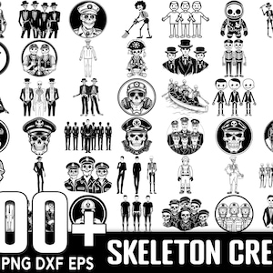 May include: A collection of 100+ black and white skeleton crew illustrations. The illustrations feature skeletons in various poses, including standing, sitting, and holding objects. The text "Skeleton Crew" is at the bottom of the image.