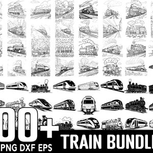 May include: A collection of 100+ black and white train SVG, PNG, DXF, and EPS files. The images feature various types of trains, including steam engines, modern locomotives, and passenger cars. The train designs are perfect for crafting, scrapbooking, and other creative projects.
