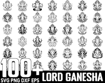 Puede incluir: Una colección de más de 100 ilustraciones en blanco y negro de Lord Ganesha, el dios hindú de la sabiduría y la prosperidad. Las ilustraciones son de varios estilos, algunas con detalles intrincados y otras con un diseño más minimalista.  SVG PNG DXF EPS.
