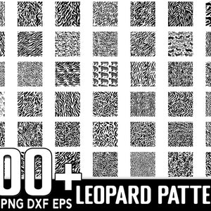 May include: A collection of 100+ black and white leopard print patterns. The patterns are seamless and can be used for a variety of projects, including fabric, wallpaper, and digital design. The text "100+ LEOPARD PATTERN" is at the bottom of the image. The text "SVG PNG DXF EPS" is below the text "100+ LEOPARD PATTERN".