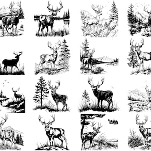 Puede incluir: Una colecci&oacute;n de 12 ilustraciones en blanco y negro de ciervos en varias poses, sobre un fondo de &aacute;rboles, monta&ntilde;as y r&iacute;os. Los ciervos est&aacute;n representados en un estilo realista, con detalles como cuernos, pezu&ntilde;as y pelaje.
