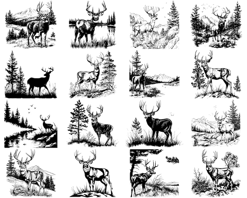 Puede incluir: Una colecci&oacute;n de 12 ilustraciones en blanco y negro de ciervos en varias poses, sobre un fondo de &aacute;rboles, monta&ntilde;as y r&iacute;os. Los ciervos est&aacute;n representados en un estilo realista, con detalles como cuernos, pezu&ntilde;as y pelaje.